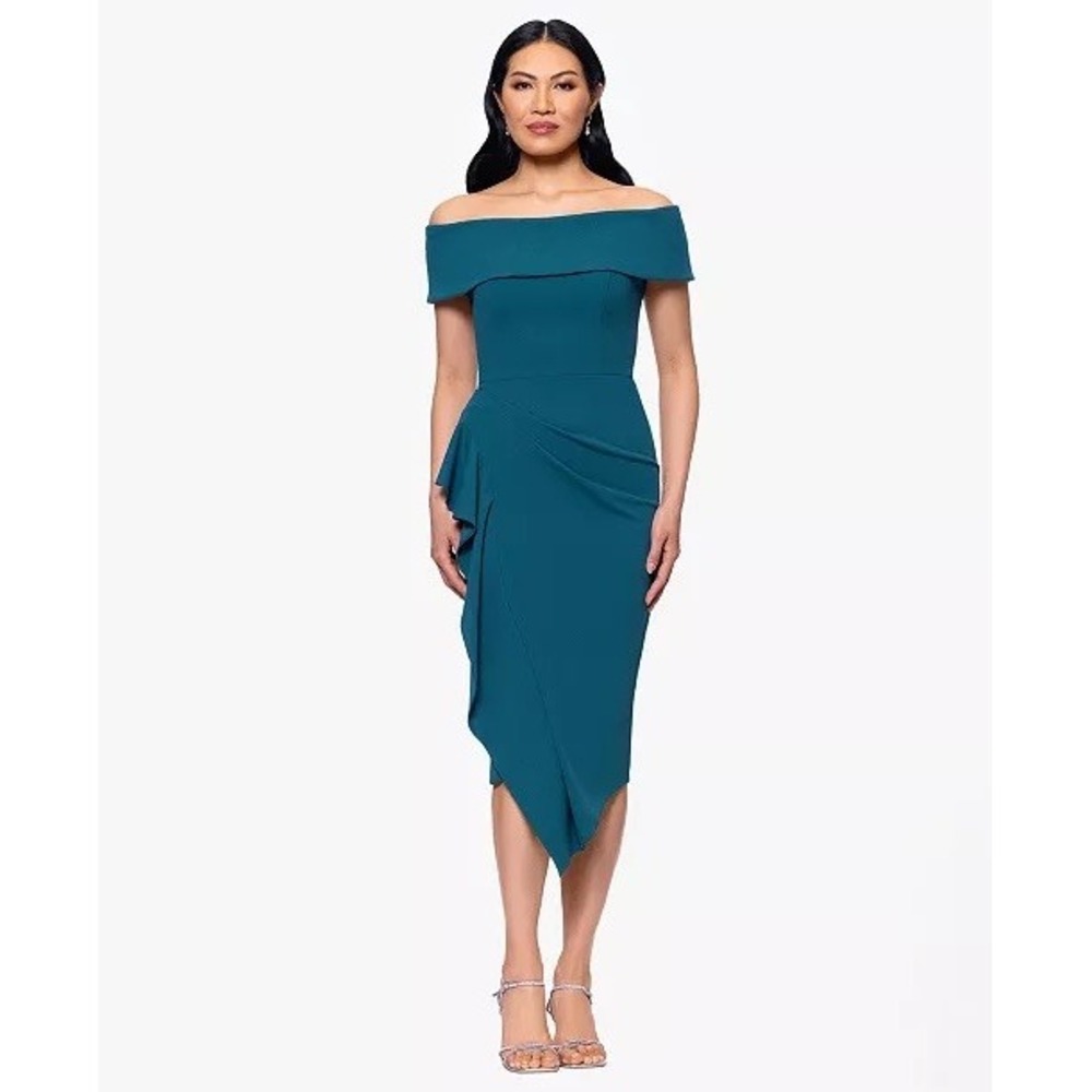 B&A By Betsy and Adam Off-the-Shoulder Midi Scuba Crepe Dress Sz 6 NWT